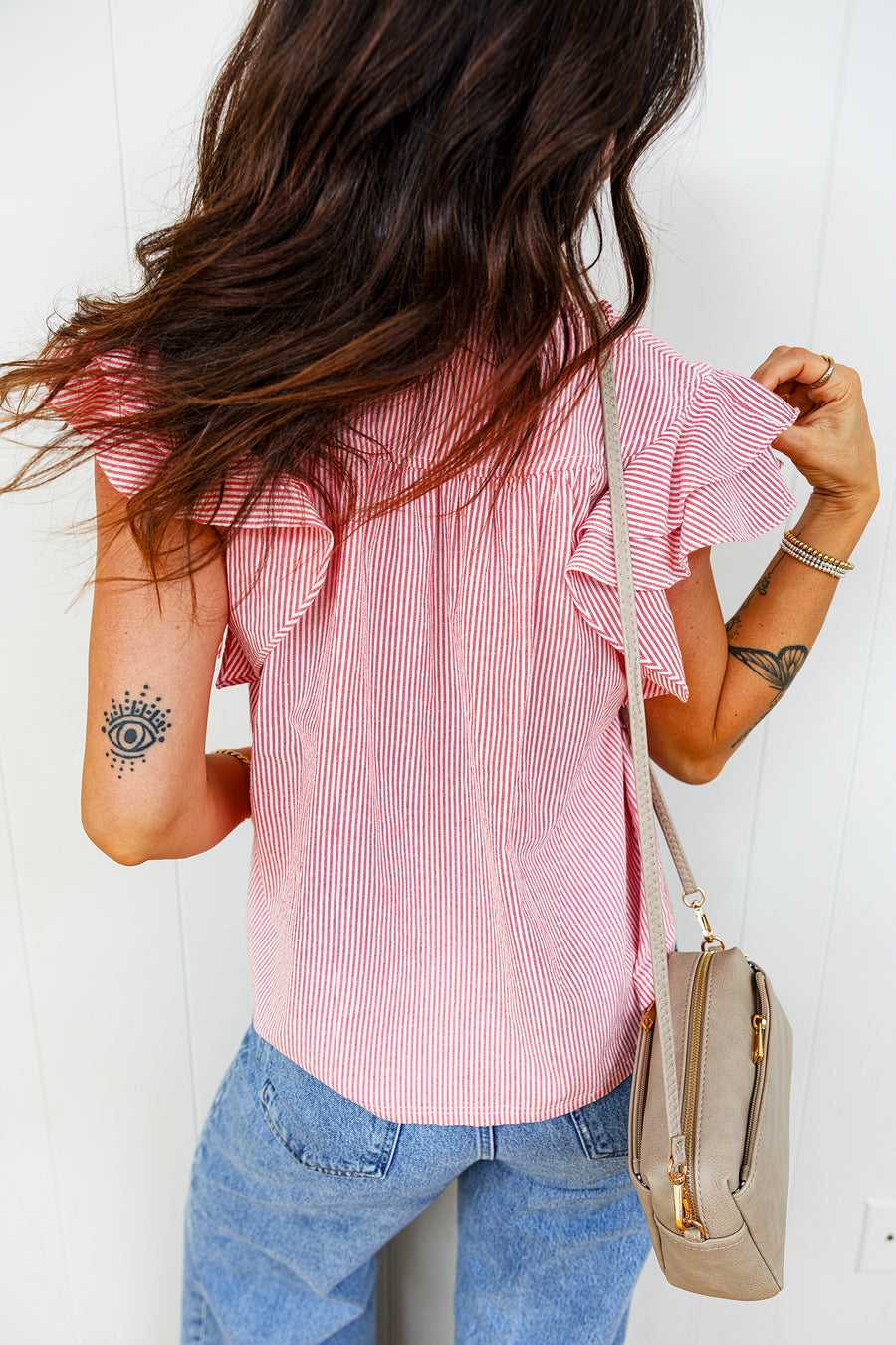 Red Striped Frilled V-Neck Double Ruffled Short Sleeve Blouse