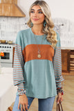 Duck Egg and Rust Color Block Striped Long Bishop Sleeve Side Slit T-Shirt