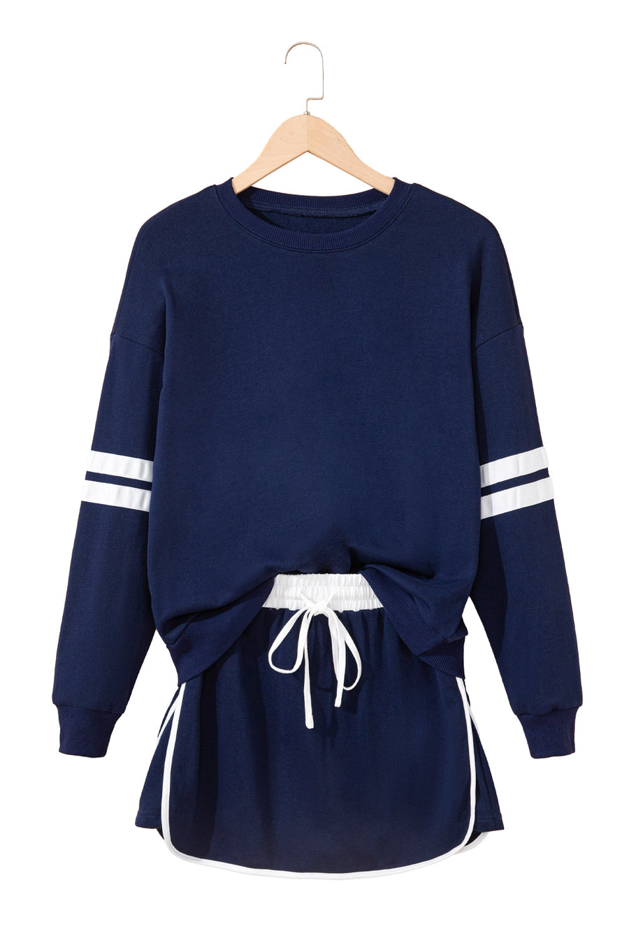 Varsity Striped Drop Shoulder Pullover Sweatshirt & Mini Skort Set- 6 Colors