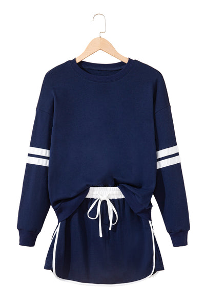 Tillandsia Purple Varsity Stripe Detail Drop Shoulder Pullover Mini Skort Set