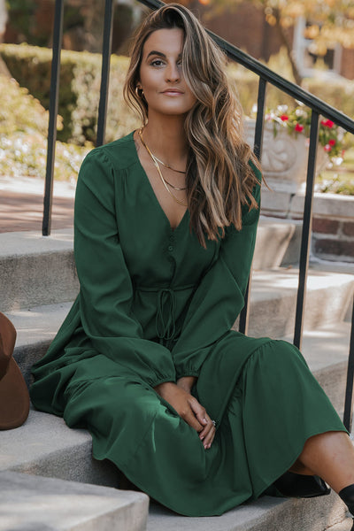 Solid Long Sleeve Button V-Neck Tiered Maxi Dress- 2 Colors