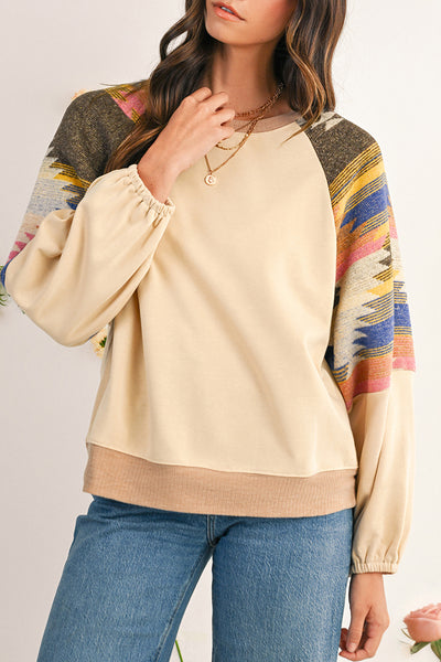 Light French Beige Geometric Patchwork Raglan Sleeve Pullover Sweatshirt