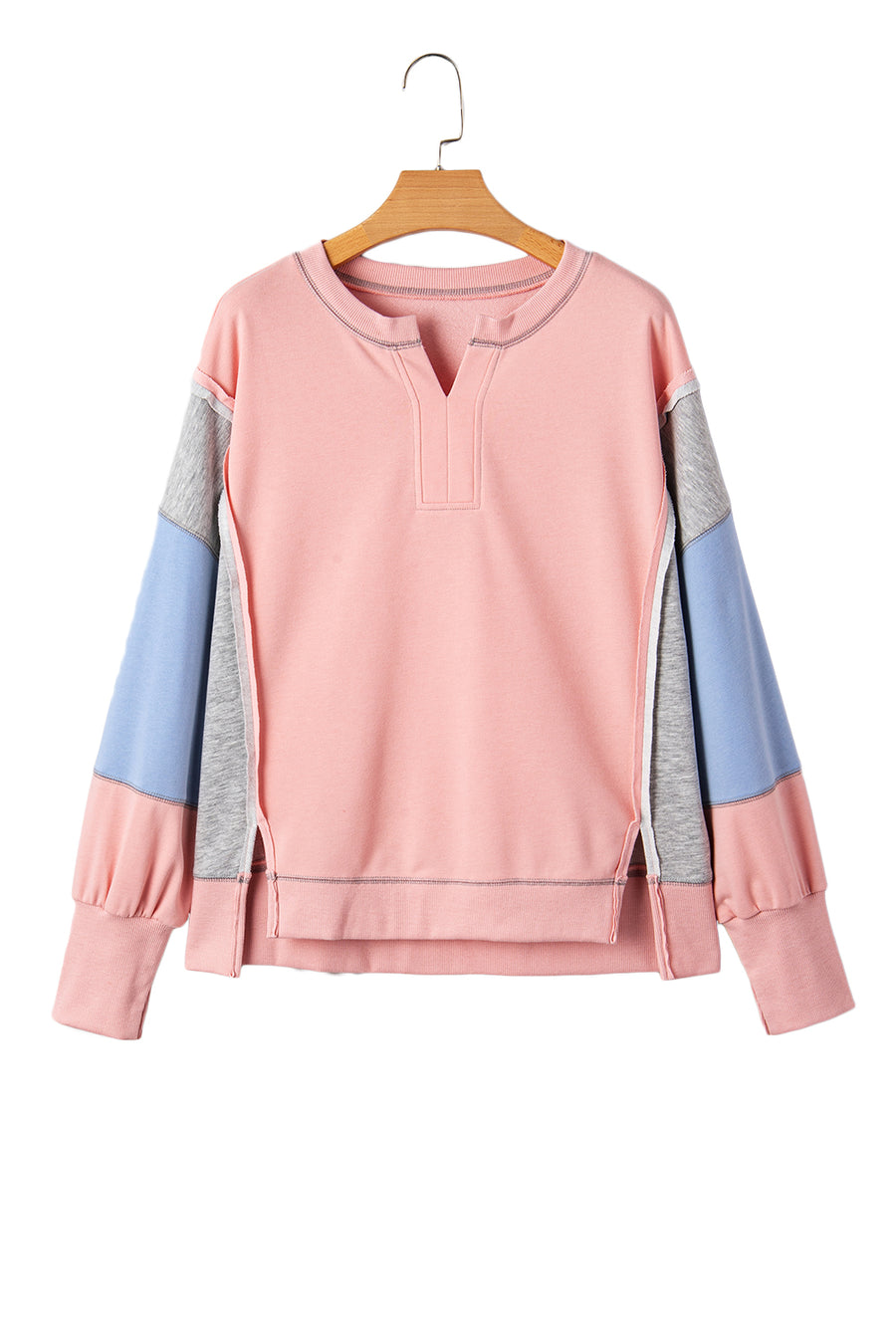 Apricot Pink Exposed Seam Colorblock Split Cuffs & Hem Oversized Sweatshirt
