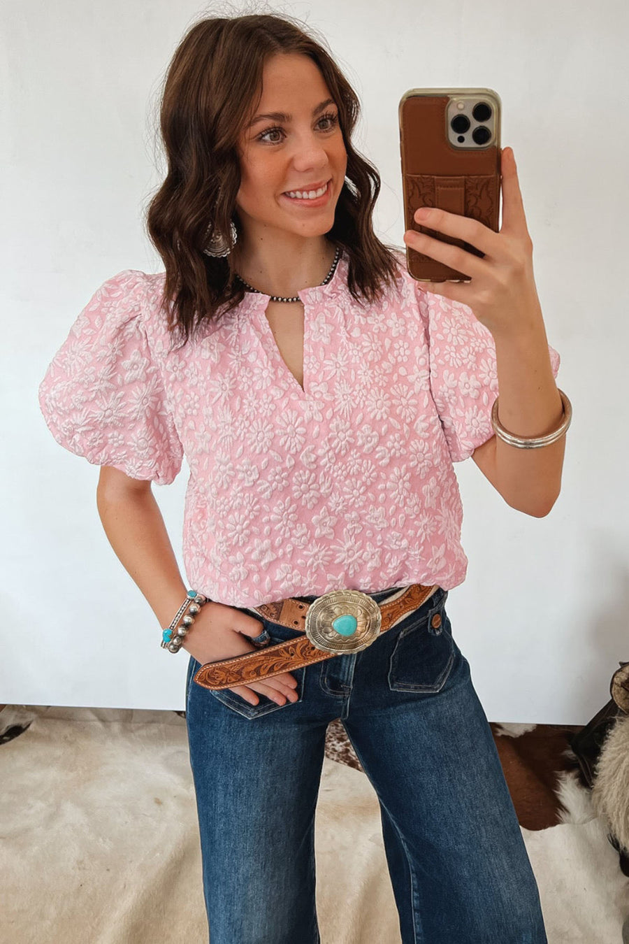 Iceland Blue Floral Textured Jacquard Puff Sleeve Blouse