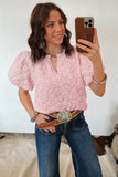 Iceland Blue Floral Textured Jacquard Puff Sleeve Blouse