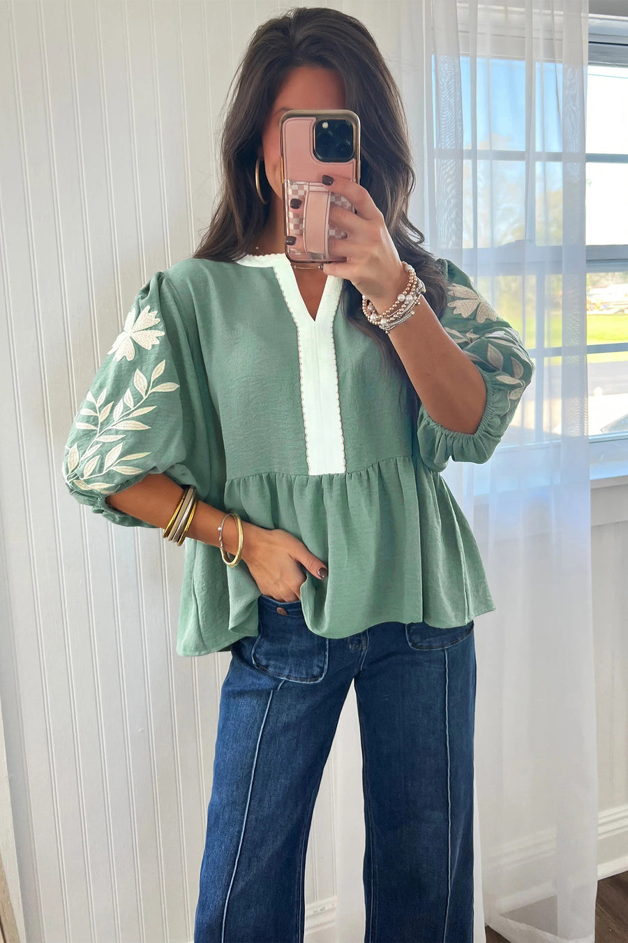 Myosotis Color Block Patchwork V Neck Embroidered Puff Sleeve Babydoll Blouse