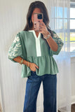 Myosotis Color Block Patchwork V Neck Embroidered Puff Sleeve Babydoll Blouse
