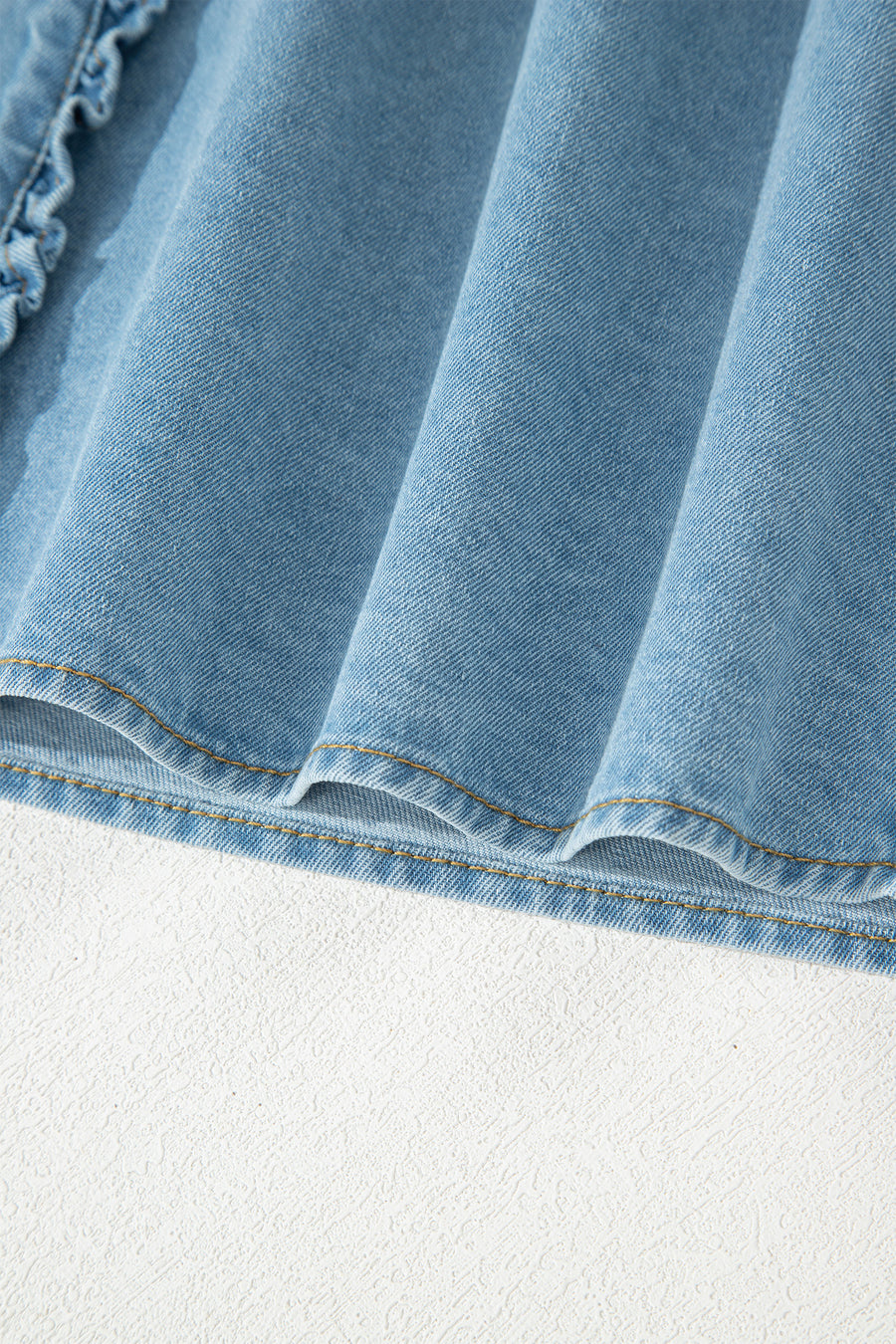 Frill Neck Button-Up Ruffled Short Sleeve Denim Mini Dress- 2 Colors