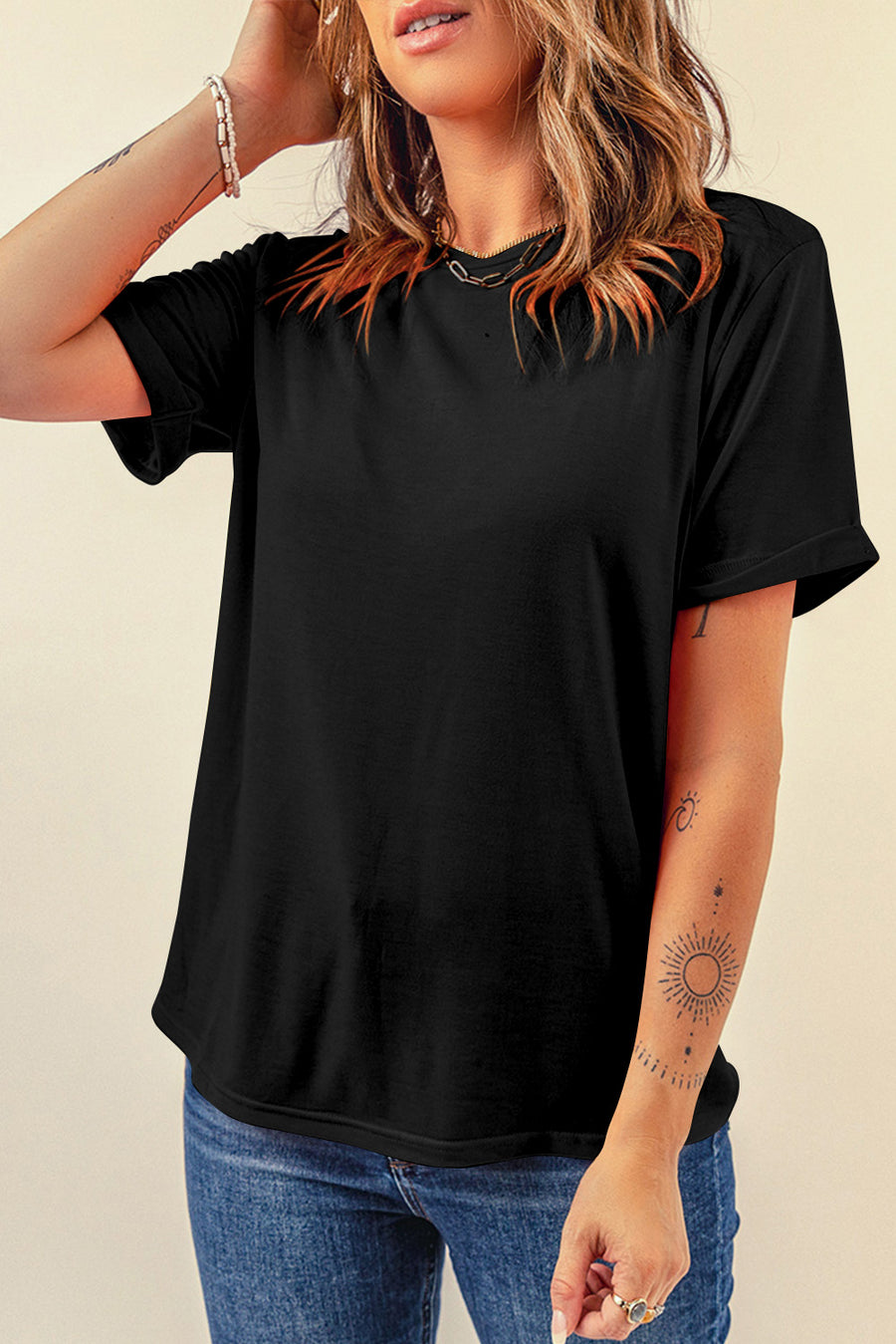 Basic Crew Neck Rolled Sleeve T-Shirt- 12 Colors