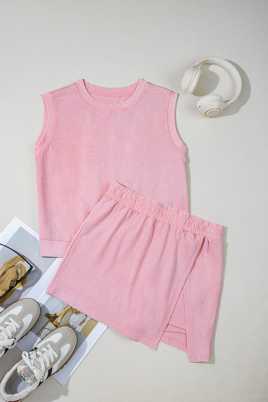 Yellow Cream Solid Color Washed Sleeveless Top Split Skort Cotton 2pcs Outfit