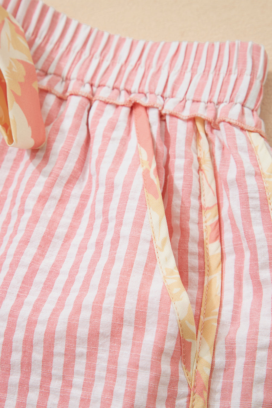 Light Pink Floral Trim Ribbon Drawstring Striped Casual Shorts