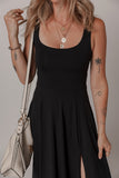 Black Sleeveless Scoop Neck Flared Front Slit Midi Dress