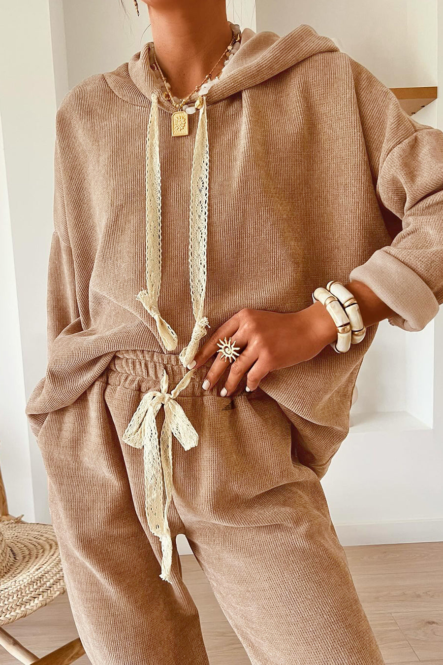 Contrast Drawstring Hoodie and High Waist Pants Corduroy Set- 5 Colors