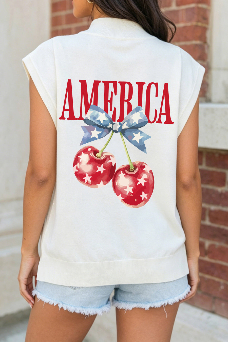 White Mock Neck Short Sleeve American Print Cherries Graphic T-Shirt
