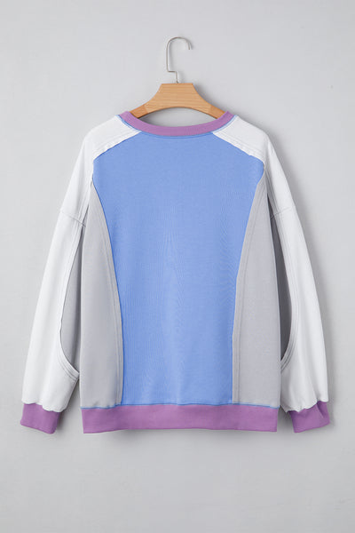Blue Colorblock Patchwork Round Neck Pullover Sweatshirt