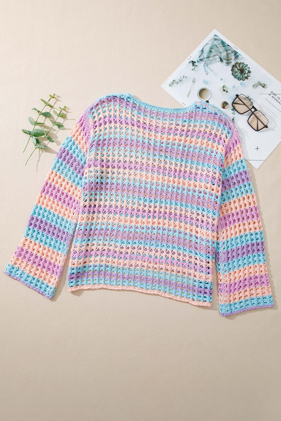 Openwork Side Slit Crew Neck Striped Cover-Up B- 2 Colors