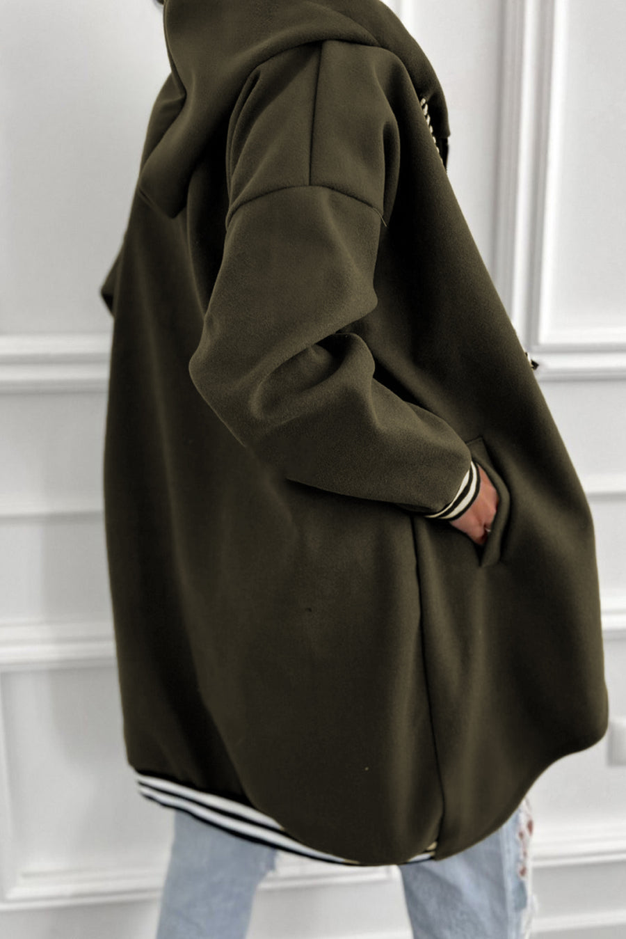 Contrast Cuff Drop Shoulder Zip-Up Tunic Hoodie- 3 Colors
