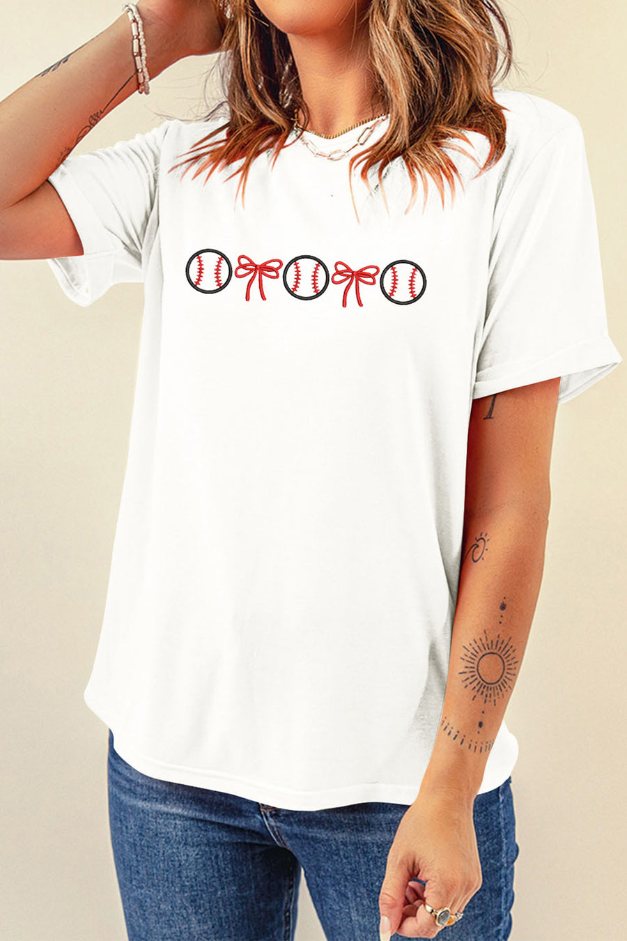 White Baseball Bow Embroidered  T-Shirt