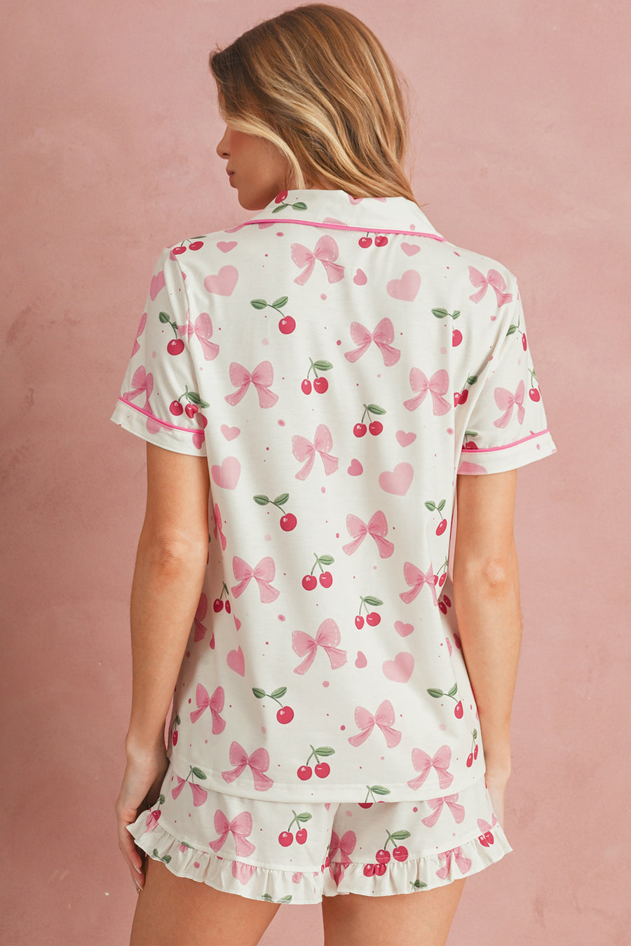 Bow Print Button-Up V-Neck Short Sleeve Top and Ruffle Hem Shorts Pajama Set- 2 Styles