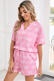 Pink Waffle Knit Bow Print Notched T-Shirt And Shorts Set