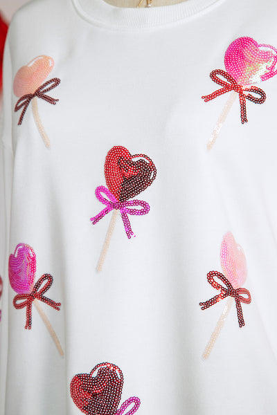 White Sequin Bow Heart Lollipop Drop Shoulder Crew Neck Sweatshirt