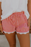 Red Gingham Lace Trim Elastic Waist Shorts