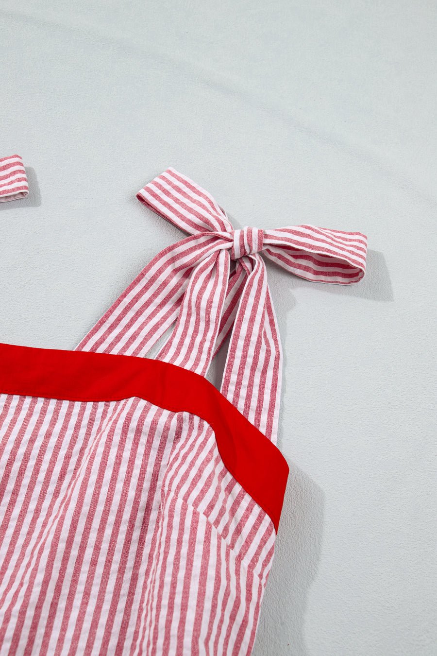Red Striped Tie Straps Contrast Trim High Waist Ruffle Hem Maxi Dress