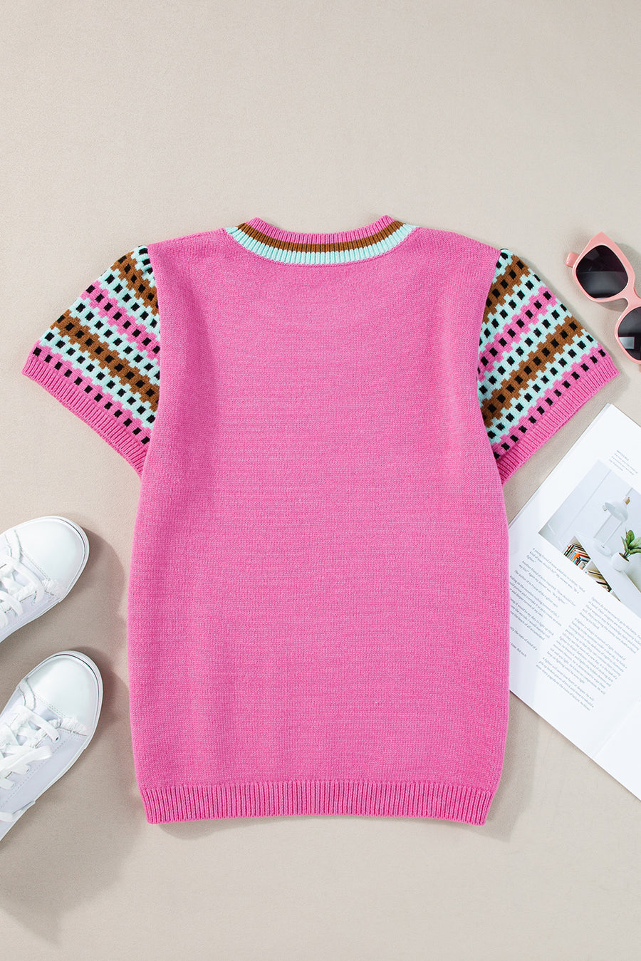 Bright Pink Square Stripes Crew Neck Short Sleeve Sweater