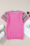 Bright Pink Square Stripes Crew Neck Short Sleeve Sweater