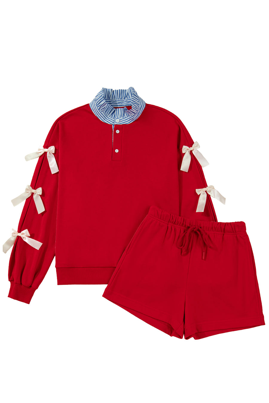 Red Striped Collar Bow Sleeve Sweatshirt and Shorts Set