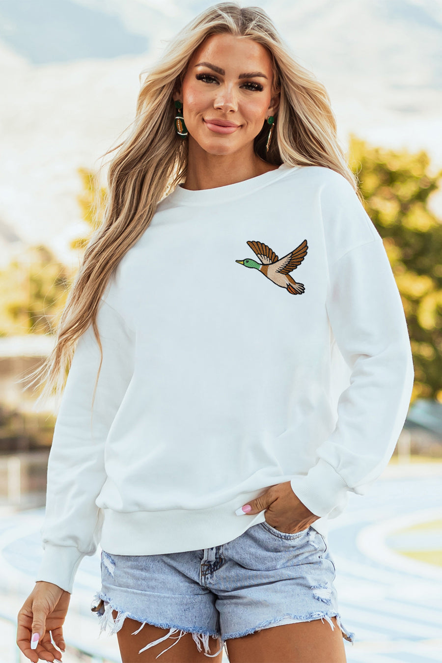 White Embroidered Mallard Duck Relaxed Sweatshirt
