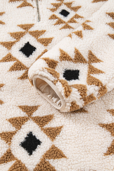 Khaki Geometric Print Sherpa Quarter Zip Collar Sweatshirt