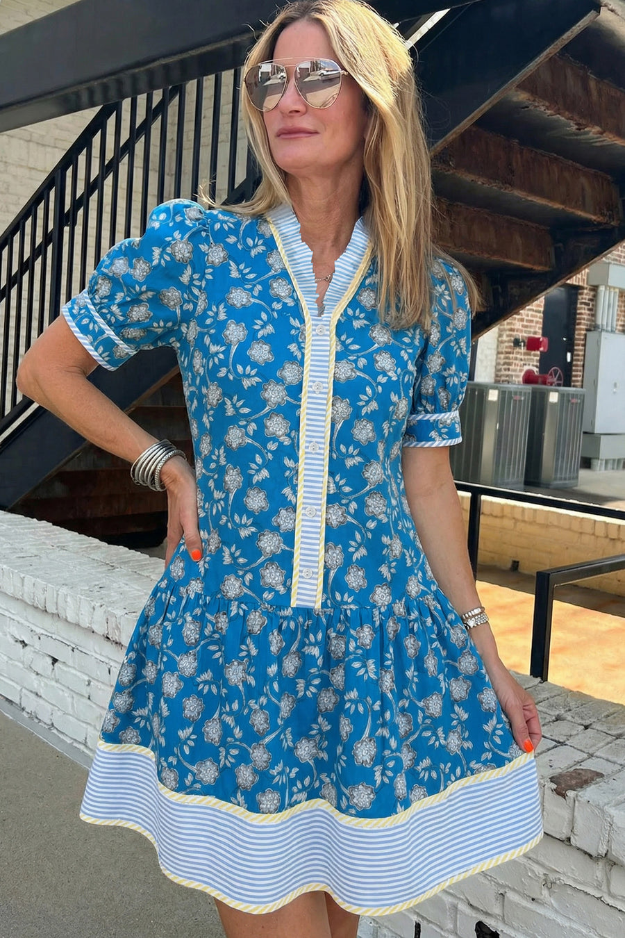 Blue Floral Striped Frill Neck Button-Up Short Sleeve Mini Dress