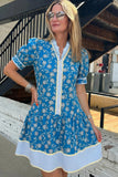Blue Floral Striped Frill Neck Button-Up Short Sleeve Mini Dress