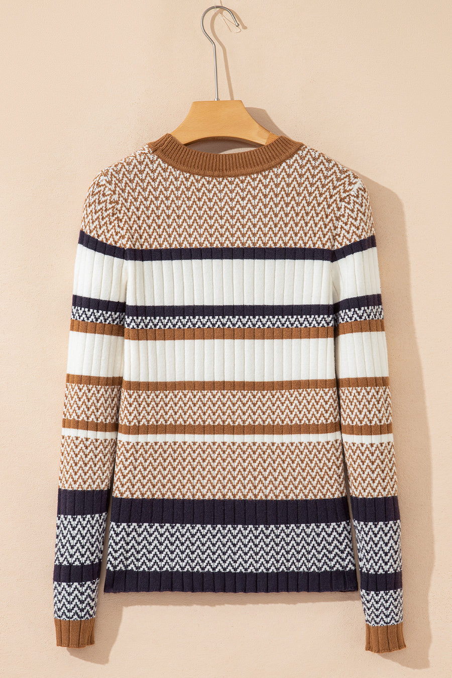 Brown Multi Striped Chevron Pattern Knit Ribbed Trim Slim Fit Sweater