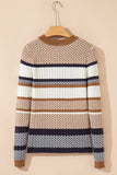 Brown Multi Striped Chevron Pattern Knit Ribbed Trim Slim Fit Sweater