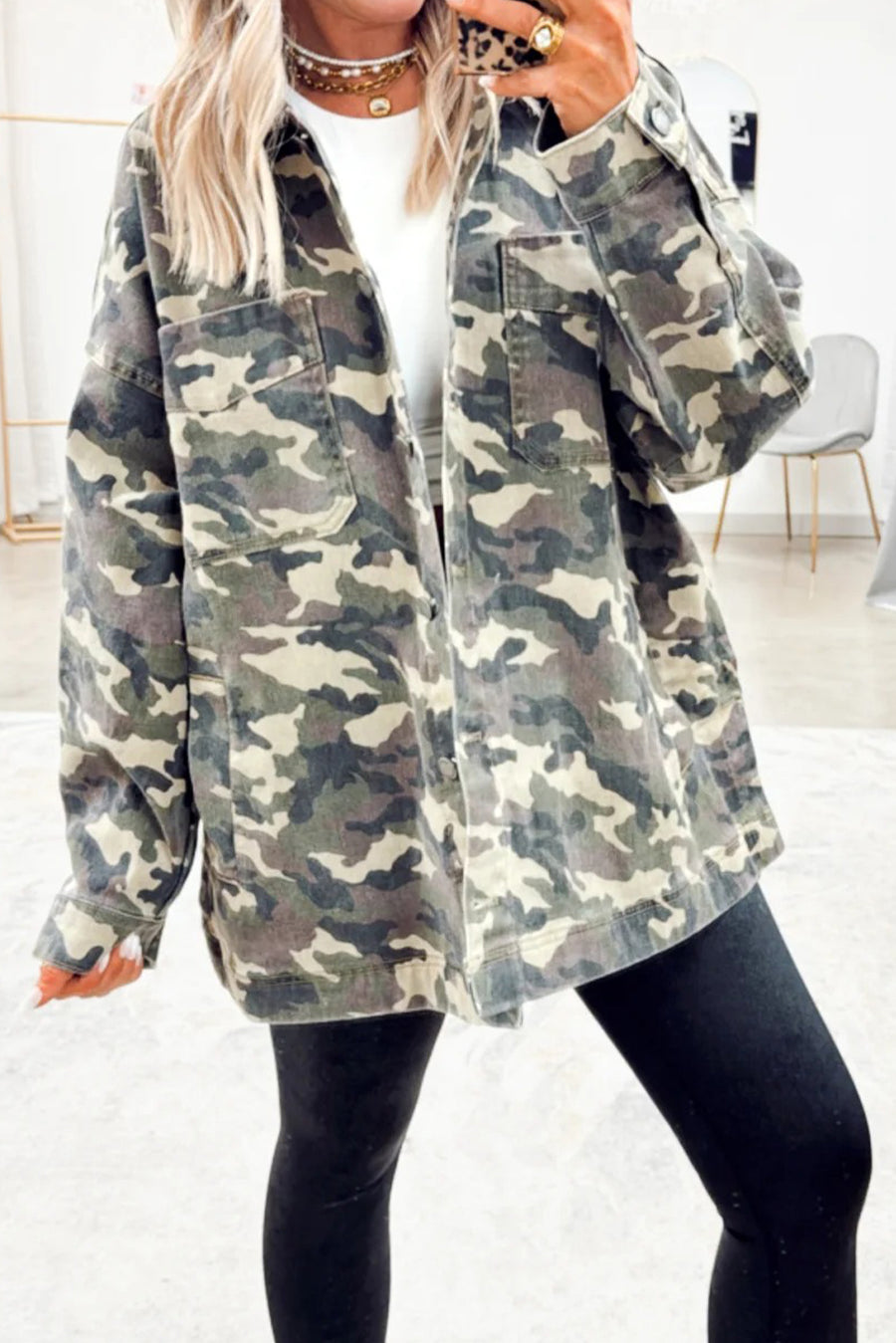 Camouflage Print Chest Pockets Loose Button-Up Denim Jacket