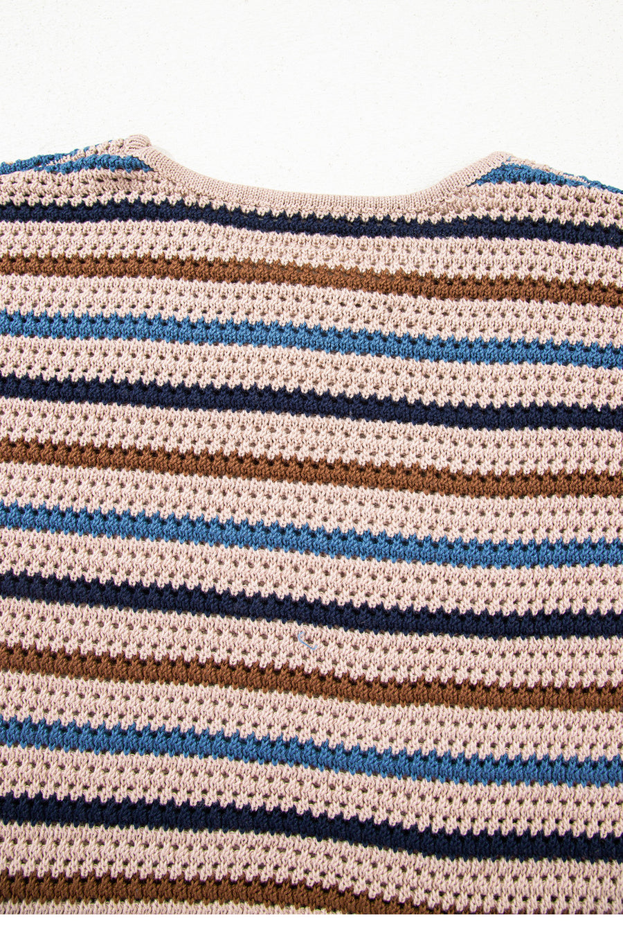 Tan Multi Openwork Striped Knit Drop Shoulder Crew Neck Sweater