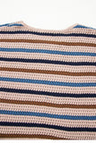 Tan Multi Openwork Striped Knit Drop Shoulder Crew Neck Sweater