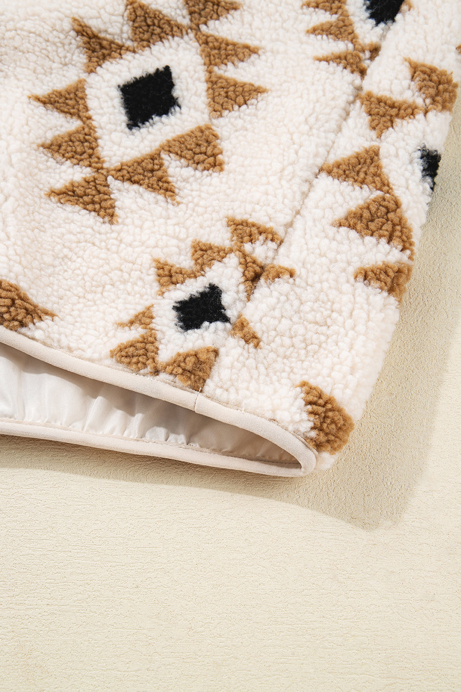 Khaki Geometric Print Sherpa Quarter Zip Collar Sweatshirt