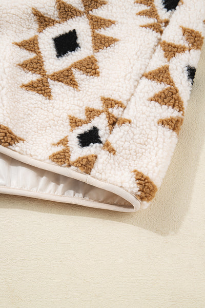 Khaki Geometric Print Sherpa Quarter Zip Collar Sweatshirt