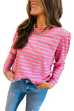 Pink Striped Textured Knit Puff Sleeve Crew Neck Top