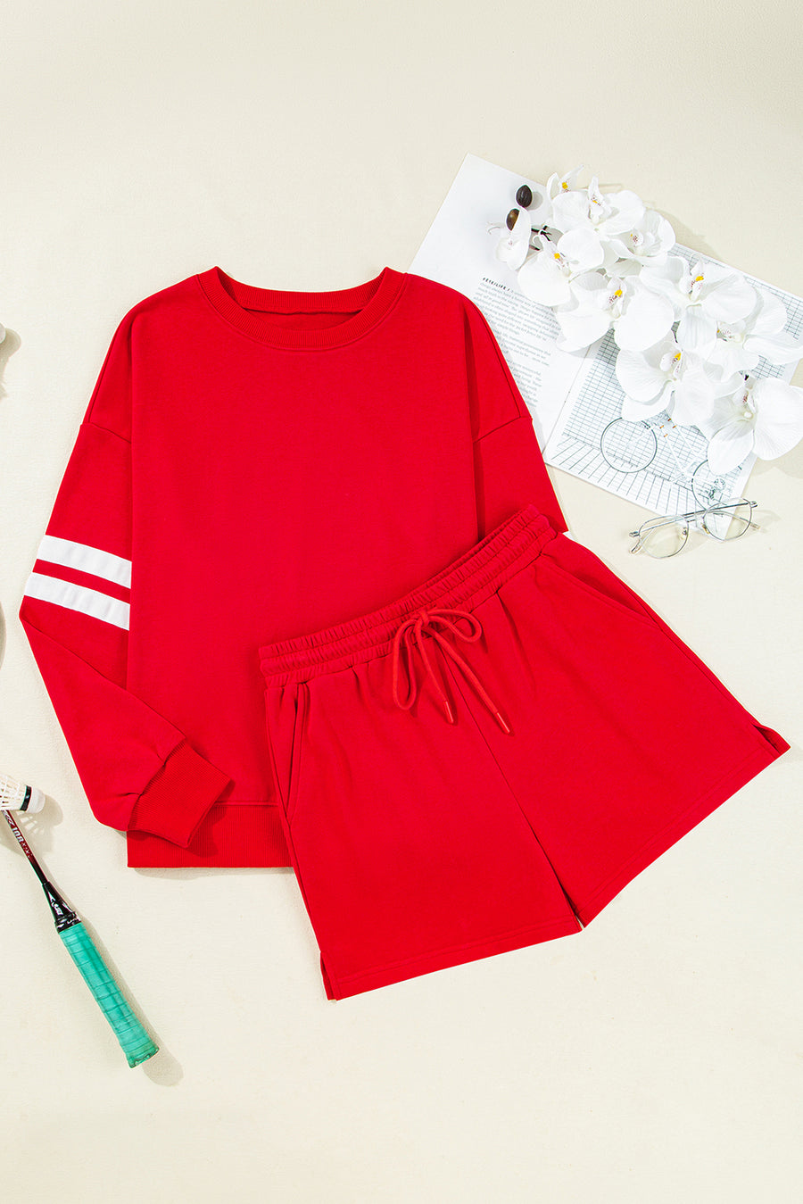 Varsity Striped Sleeve Drop Shoulder Sweatshirt and Shorts Set- 5 Colors