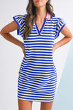 Striped Ruffle Short Sleeve Contrast Neckline Mini Dress- 3 Colors