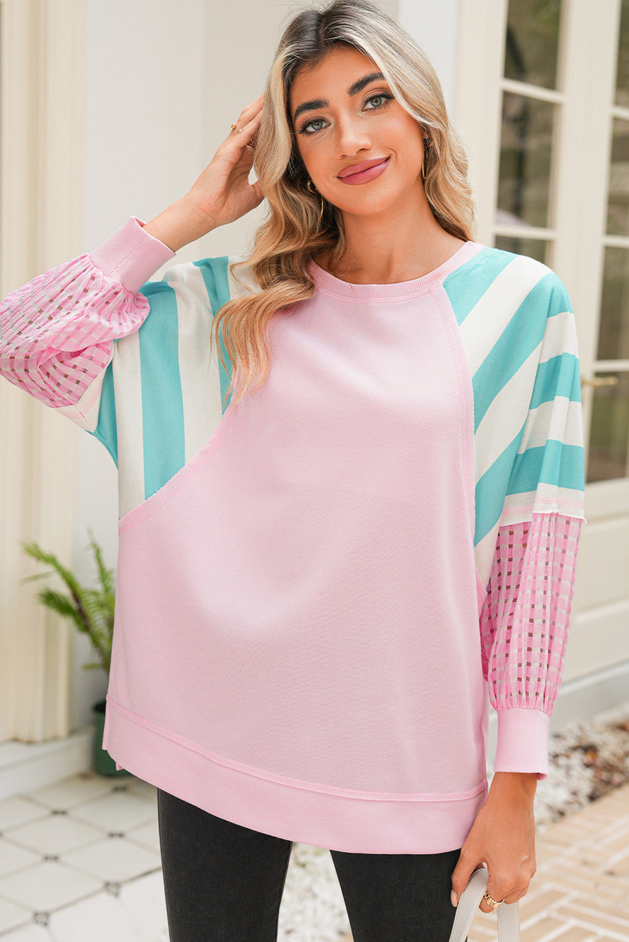 Light Pink Striped Color Block Patchwork Raglan Sleeve Top