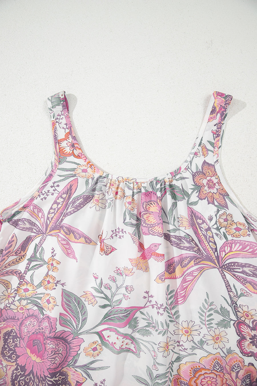Pink and Lavender Bohemian Floral Tassel Tie V-Neck Mini Dress with Pockets