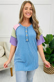 Twist Ribbed Color Block Patchwork Short Sleeve Henley T-Shirt- 2 Colors