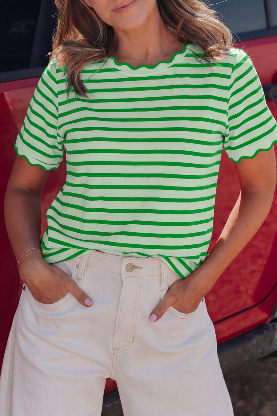Striped Scalloped Trim Crew Neck Short Sleeve T-Shirt- 5 Colors