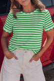 Striped Scalloped Trim Crew Neck Short Sleeve T-Shirt- 5 Colors