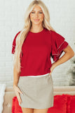 Red Pearl Embellished Double Ruffle Short Sleeve Sweater